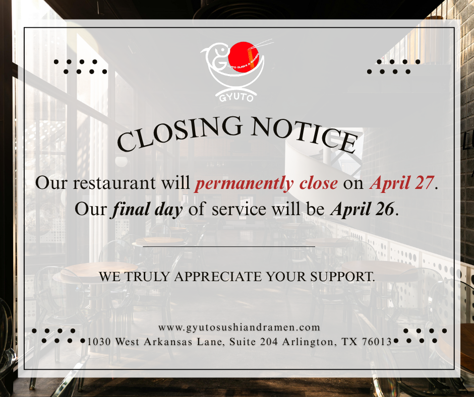 Closing Notice:
We are permanently closed on April 27.
Thank you for your support and for being part of our story.